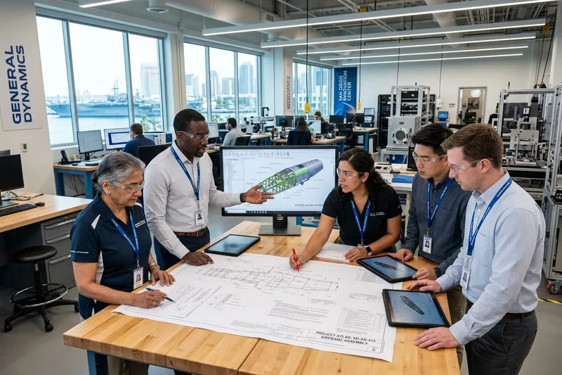 Engineering team reviewing blueprints in a San Diego facility