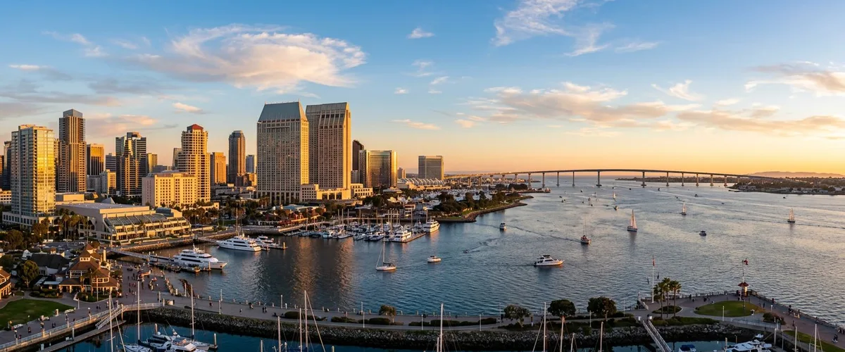 San Diego skyline and waterfront with professional staffing team