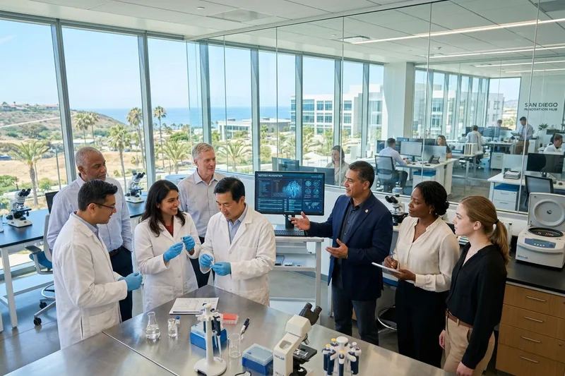 Defense and biotech professionals collaborating in a San Diego lab office