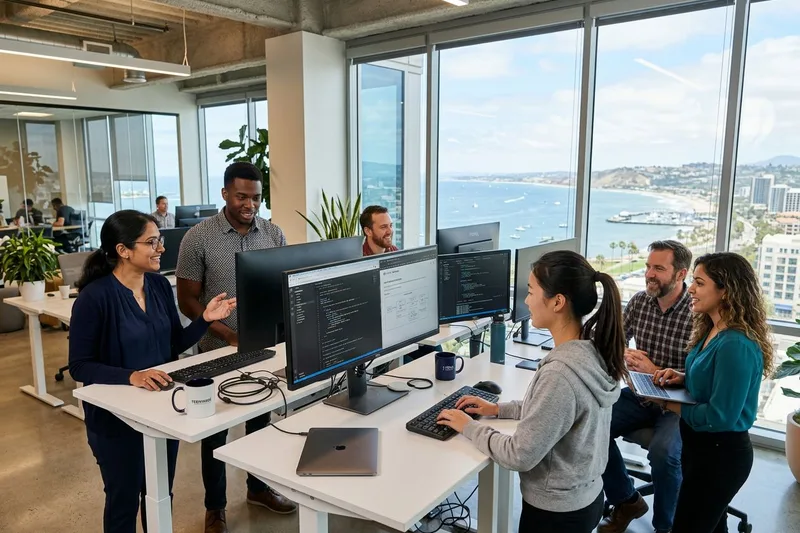 IT professionals working in a modern San Diego tech office