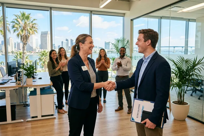 Hiring manager welcoming new employee in a San Diego office
