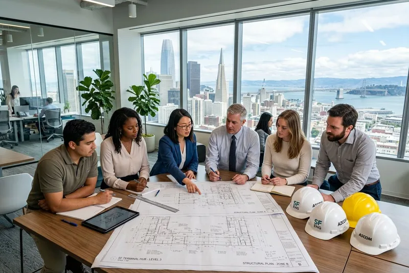 Engineering team reviewing plans in a San Francisco office with city views