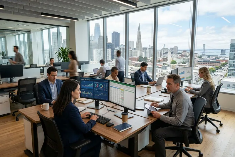 Finance professionals working in a San Francisco office with downtown views