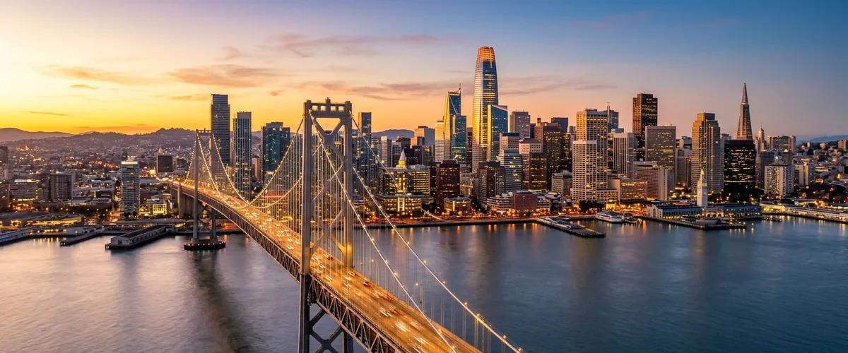 San Francisco skyline with Bay Bridge and professional staffing team