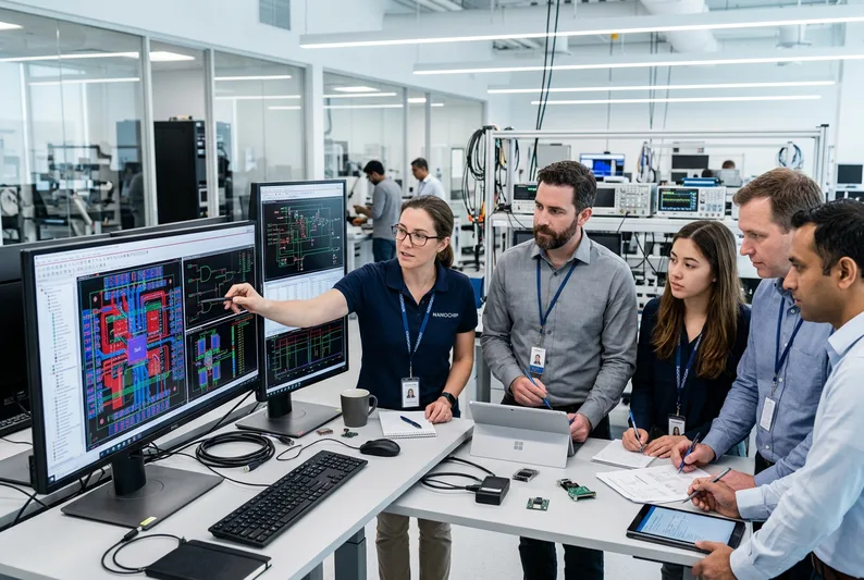Engineering team reviewing semiconductor designs in a San Jose lab