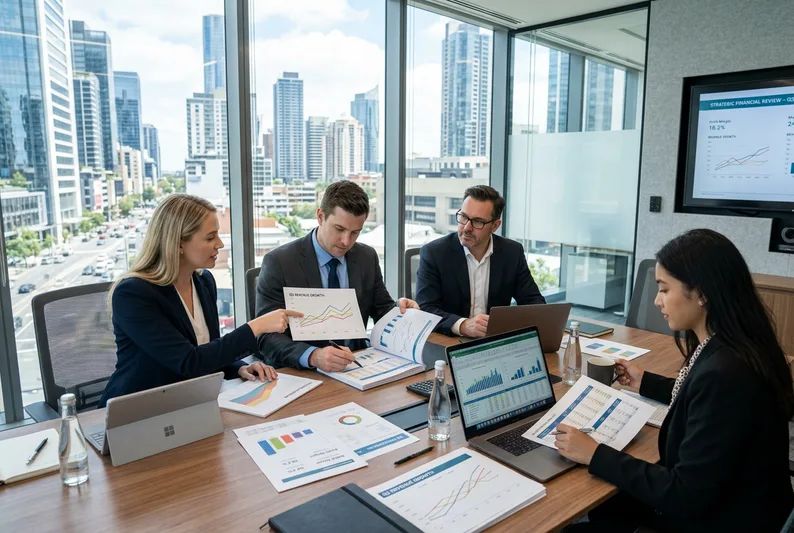 Finance professionals reviewing reports in a Silicon Valley office