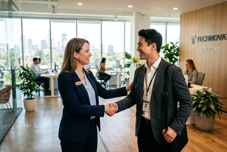 Hiring manager welcoming new employee in a San Jose tech office