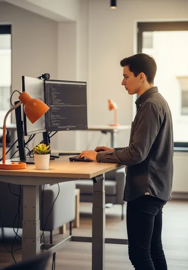 Software developer working at a standing desk in a startup office environment