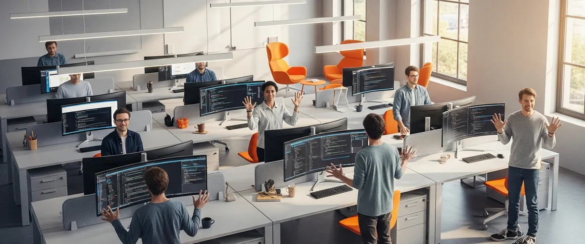 Startup staffing services office environment with developers at modern workstations