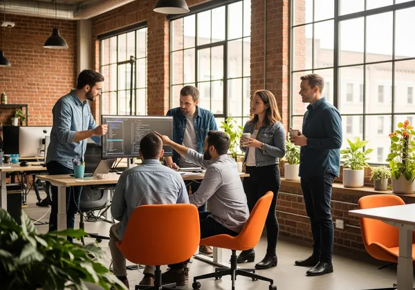 Startup team collaborating in a modern open office with orange accent lighting