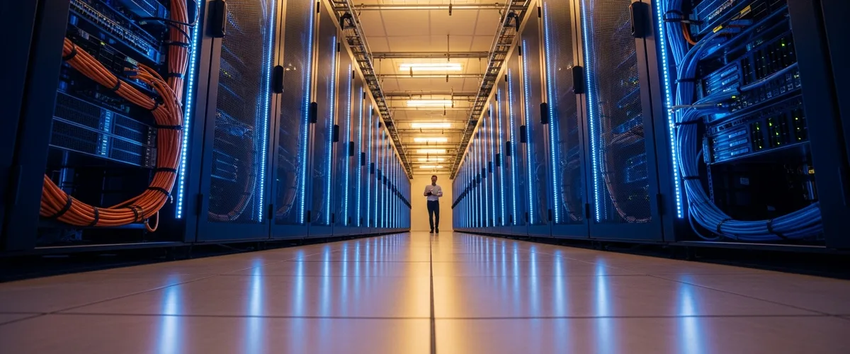 Modern data center corridor with organized server racks and network cabling managed by systems administrators