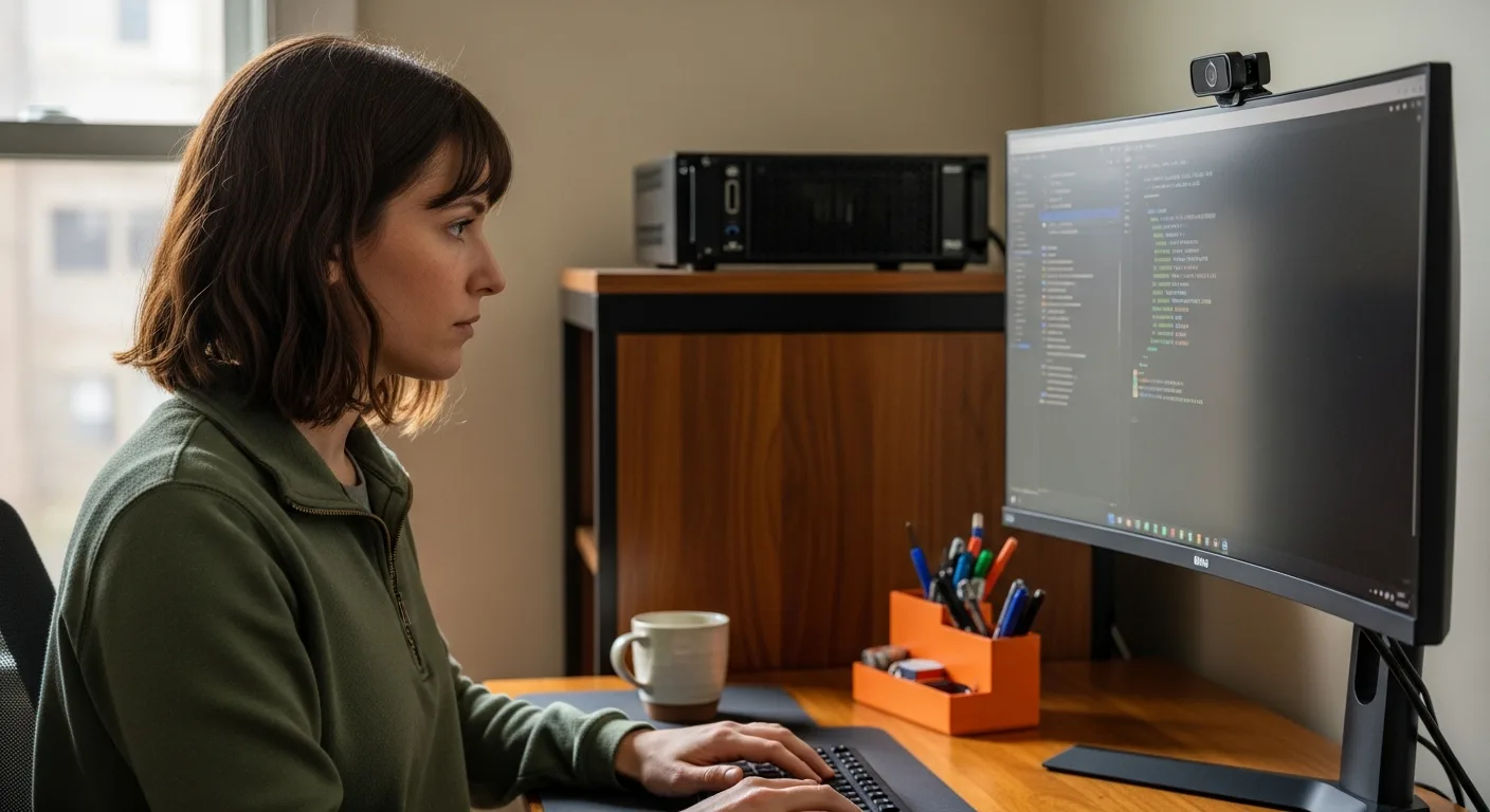 Remote systems administrator working from home office with terminal and server management tools on ultrawide monitor