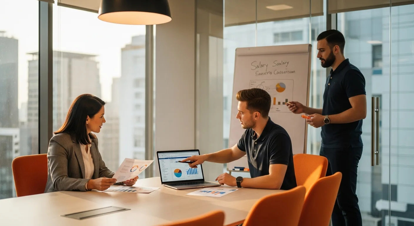 IT staffing team analyzing systems administrator salary data and compensation benchmarks in a conference room