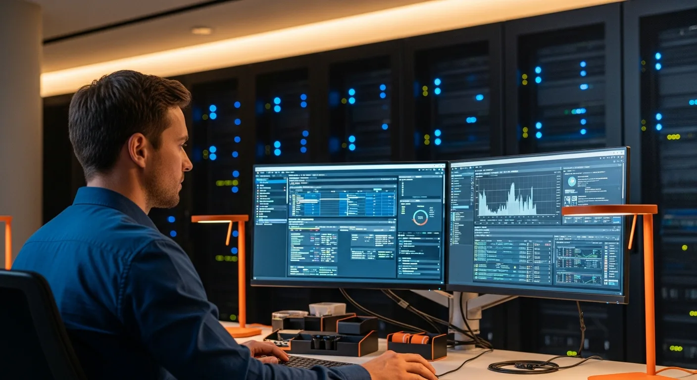 Systems administrator reviewing server monitoring dashboards and network performance metrics at a dual-monitor workstation