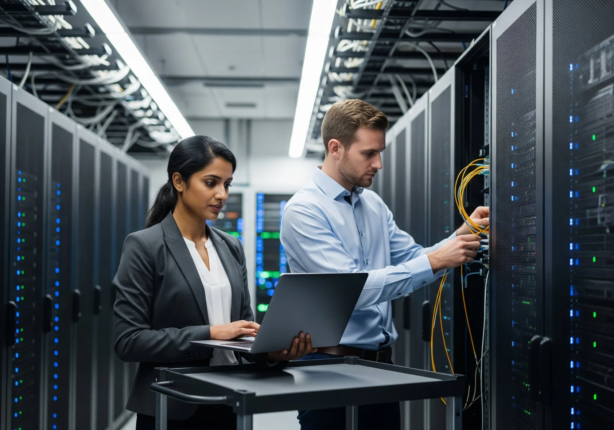 Two IT engineers working together in enterprise server room connecting fiber optic cables during infrastructure deployment