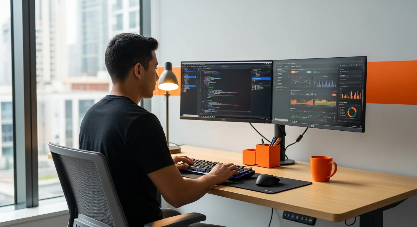 Software engineer working at dual monitor standing desk in a startup office with orange accents