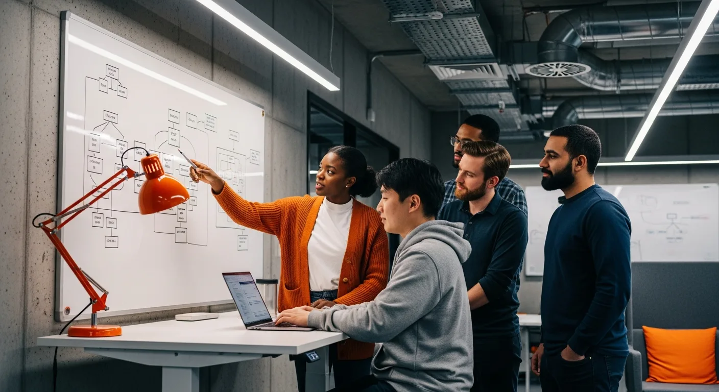 Startup engineering team reviewing technical architecture at a whiteboard in modern office