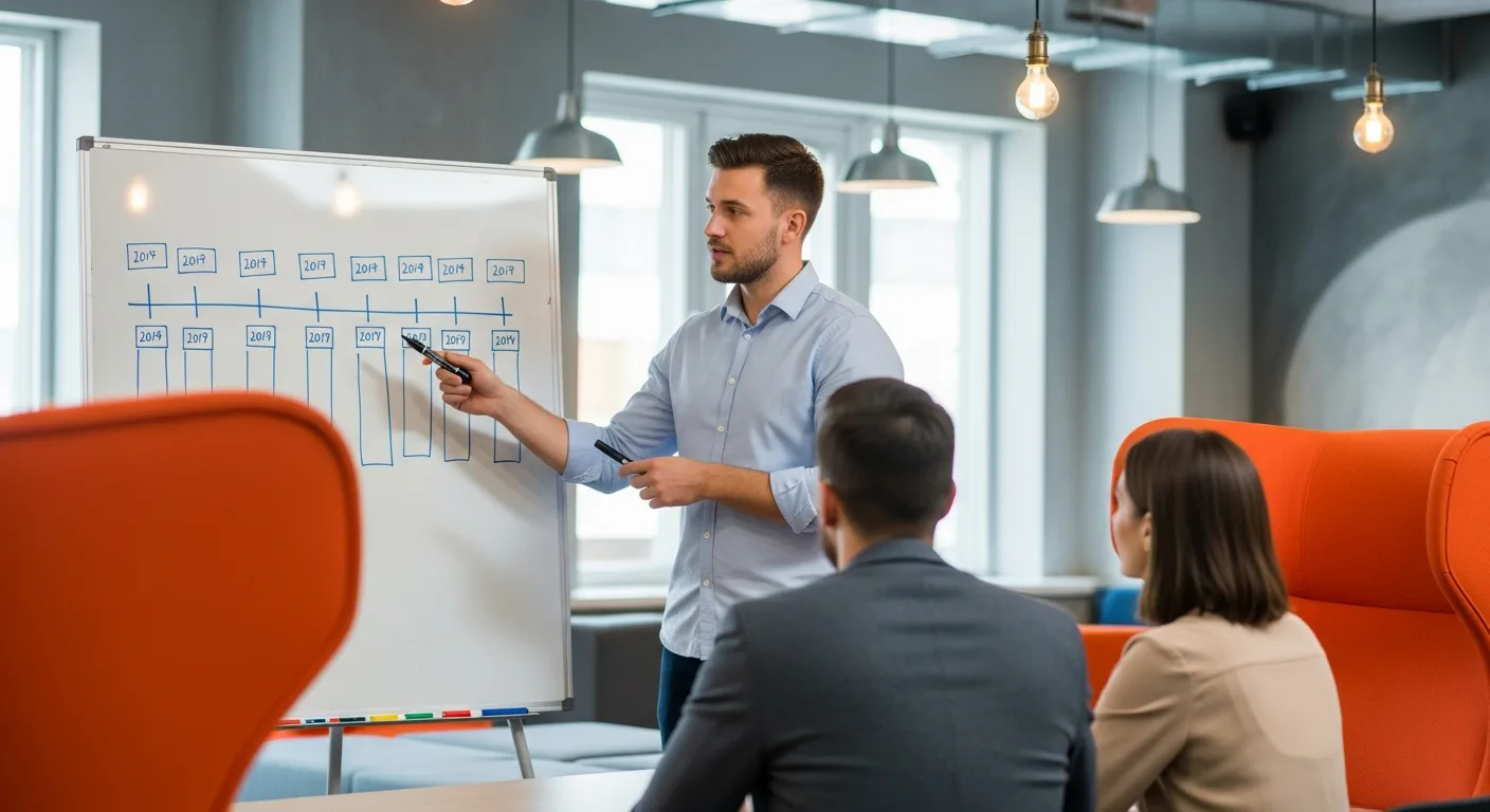 Recruiter presenting 30-day hiring timeline for tech talent window to team in modern office