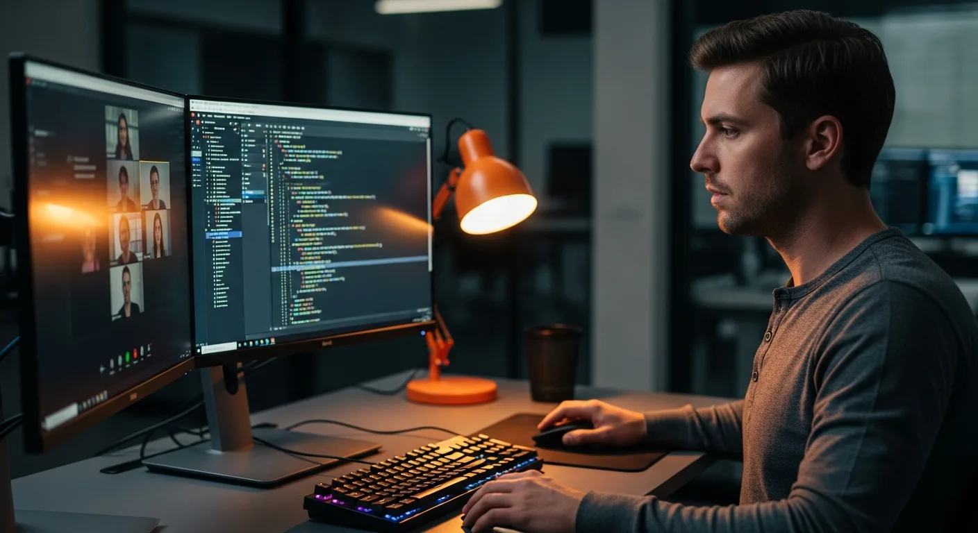 Software developer completing live coding assessment at dual-monitor workstation