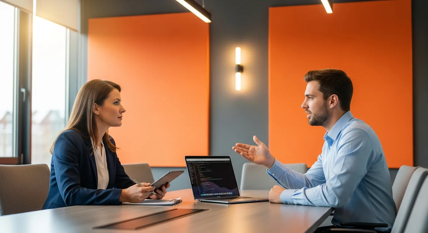 Hiring manager conducting technical interview with software engineer at conference table