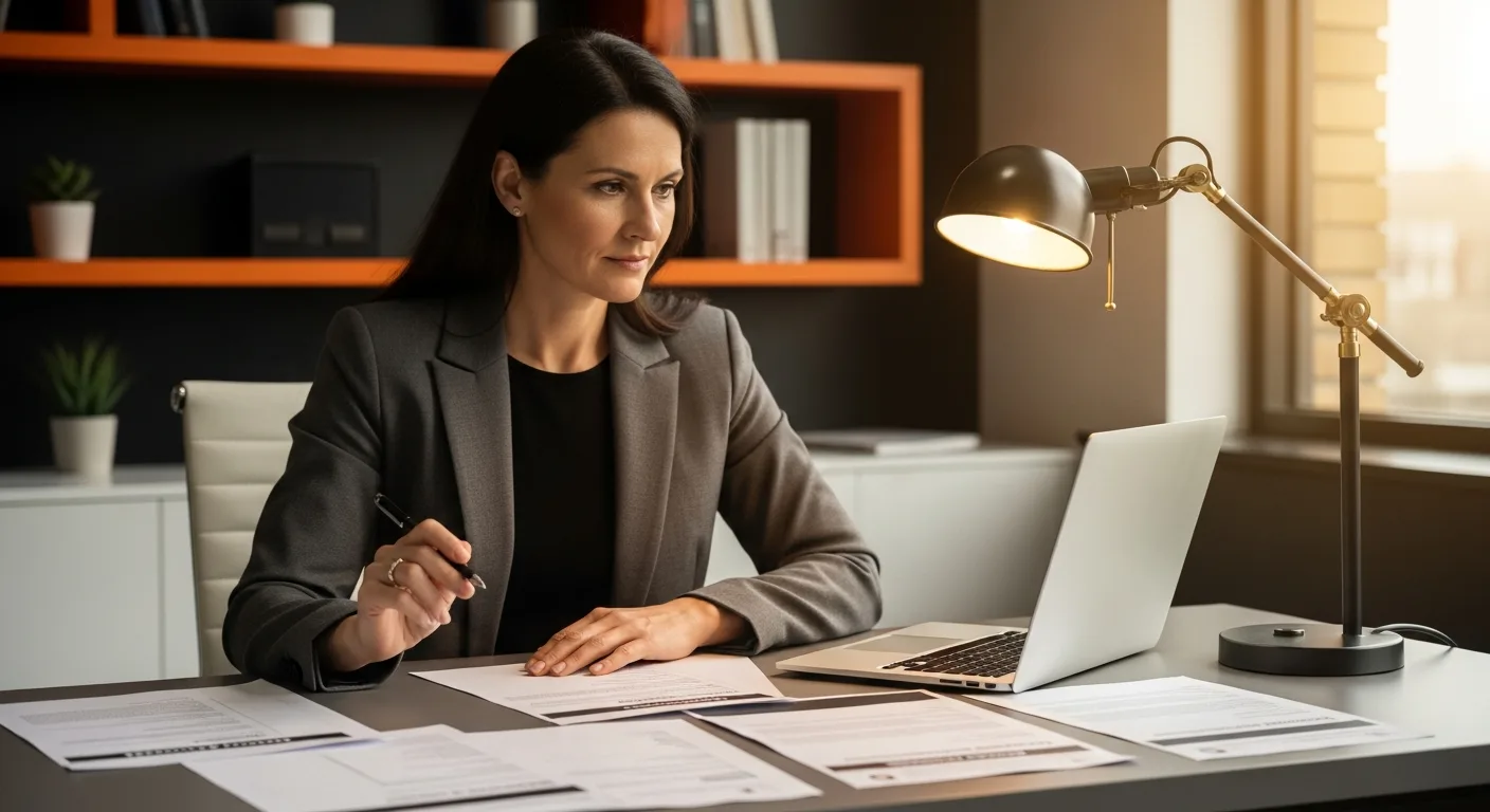 Hiring manager reviewing technical candidate materials and interview scores at desk