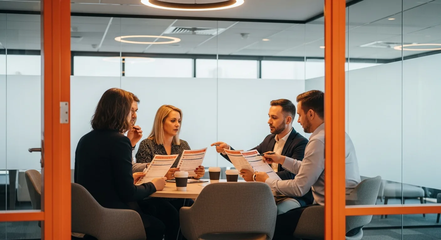 Hiring team reviewing interview scorecards during post-interview debrief meeting