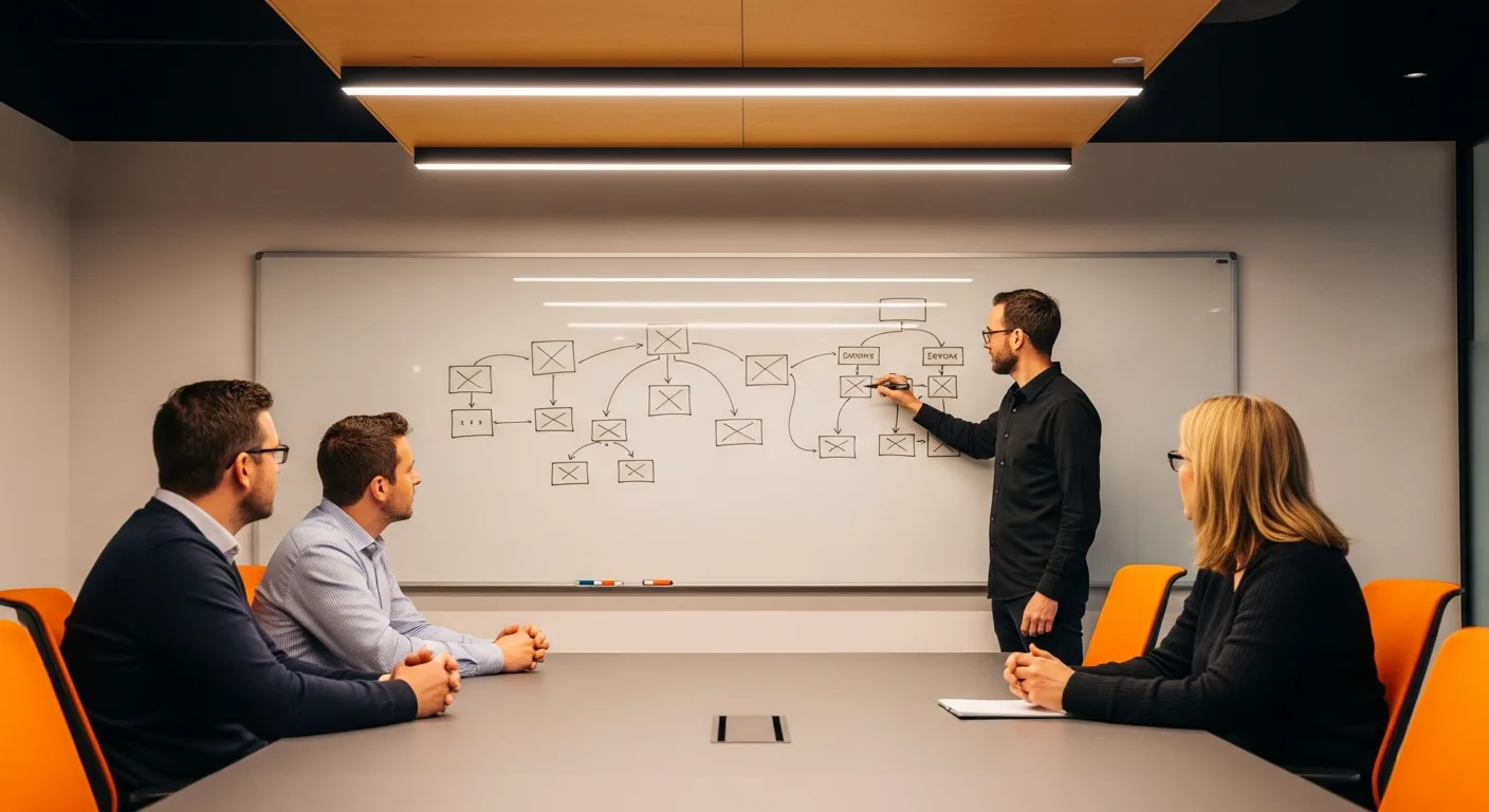 Technical interview panel observing candidate whiteboard system design session
