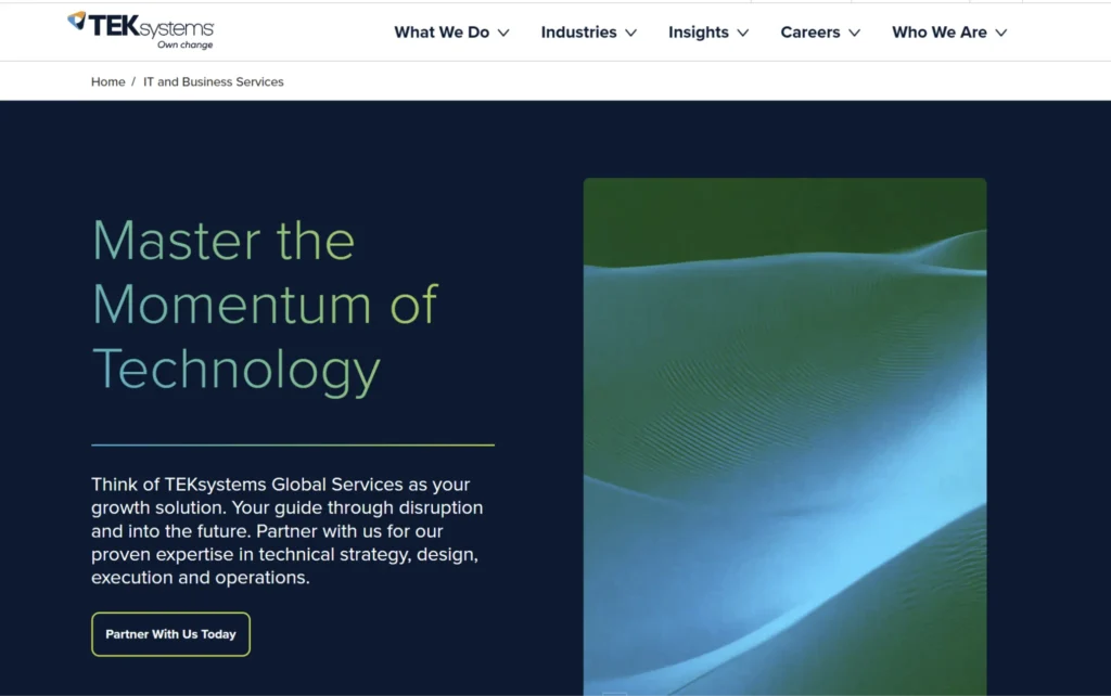 TEKsystems IT and business services homepage showing enterprise technology staffing and consulting solutions