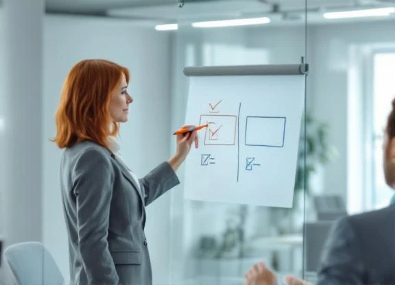 Consultant comparing contract staffing vs direct hire options on a whiteboard - KORE1 staffing model comparison