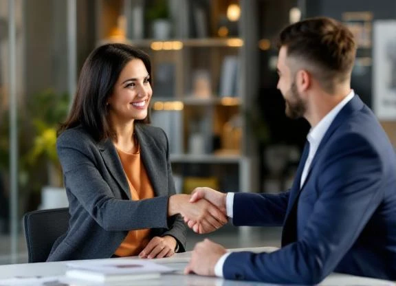 Hiring manager and new employee shaking hands after contract-to-hire conversion - KORE1 reduces hiring risk