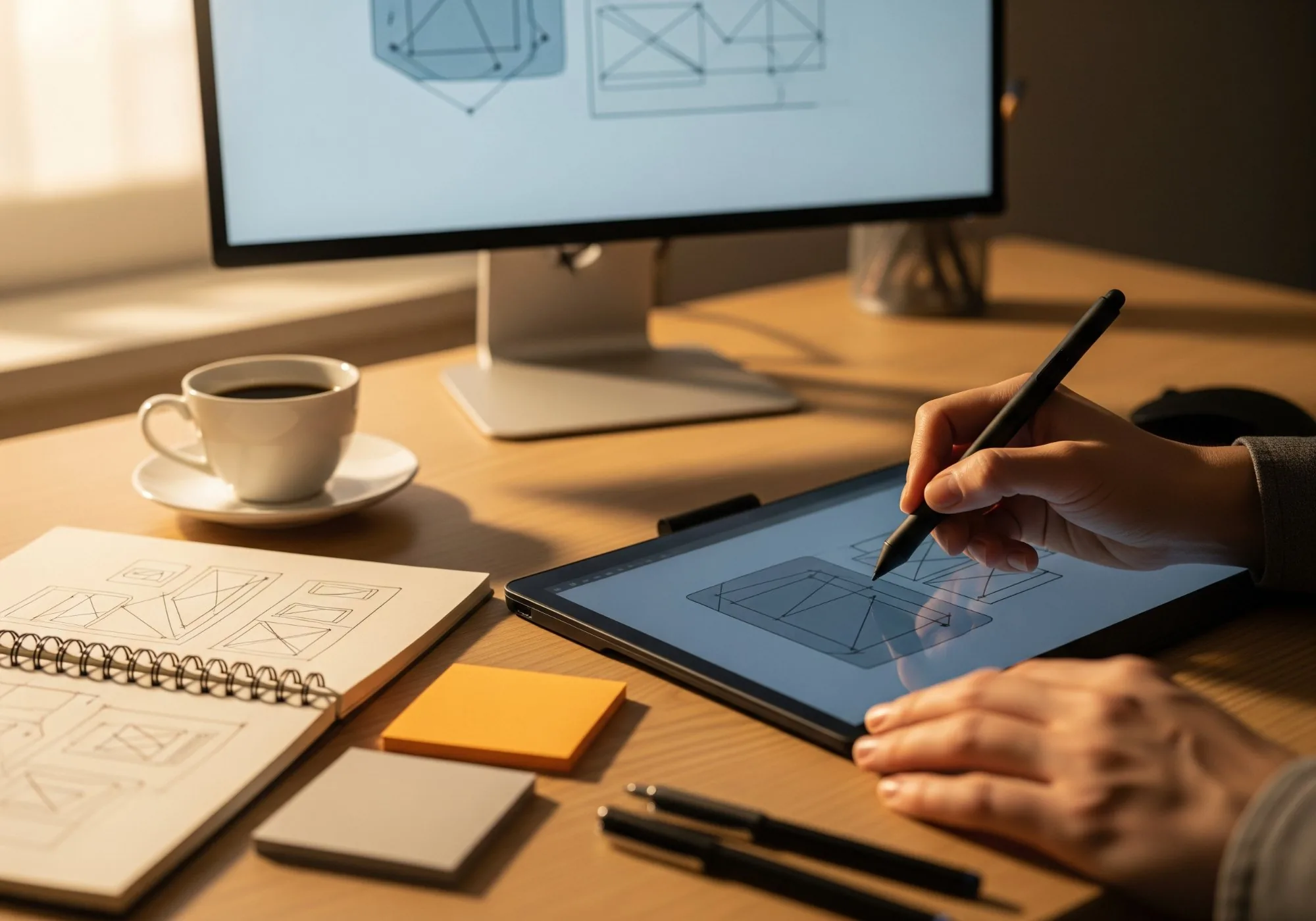 Close-up of a UX designer drawing wireframes on a digital graphics tablet with sketchbook and coffee on a warm wood desk