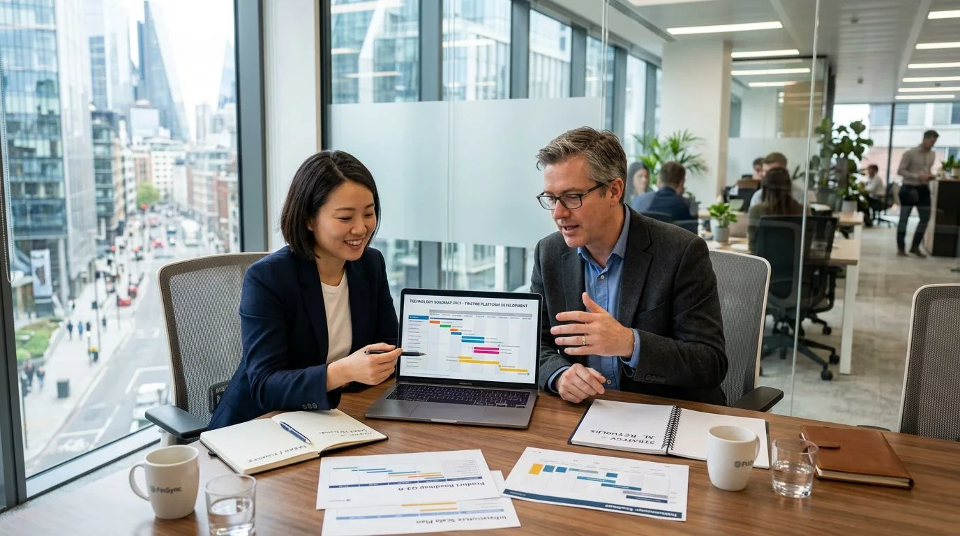Startup founder and fractional CTO reviewing technology roadmap at conference table