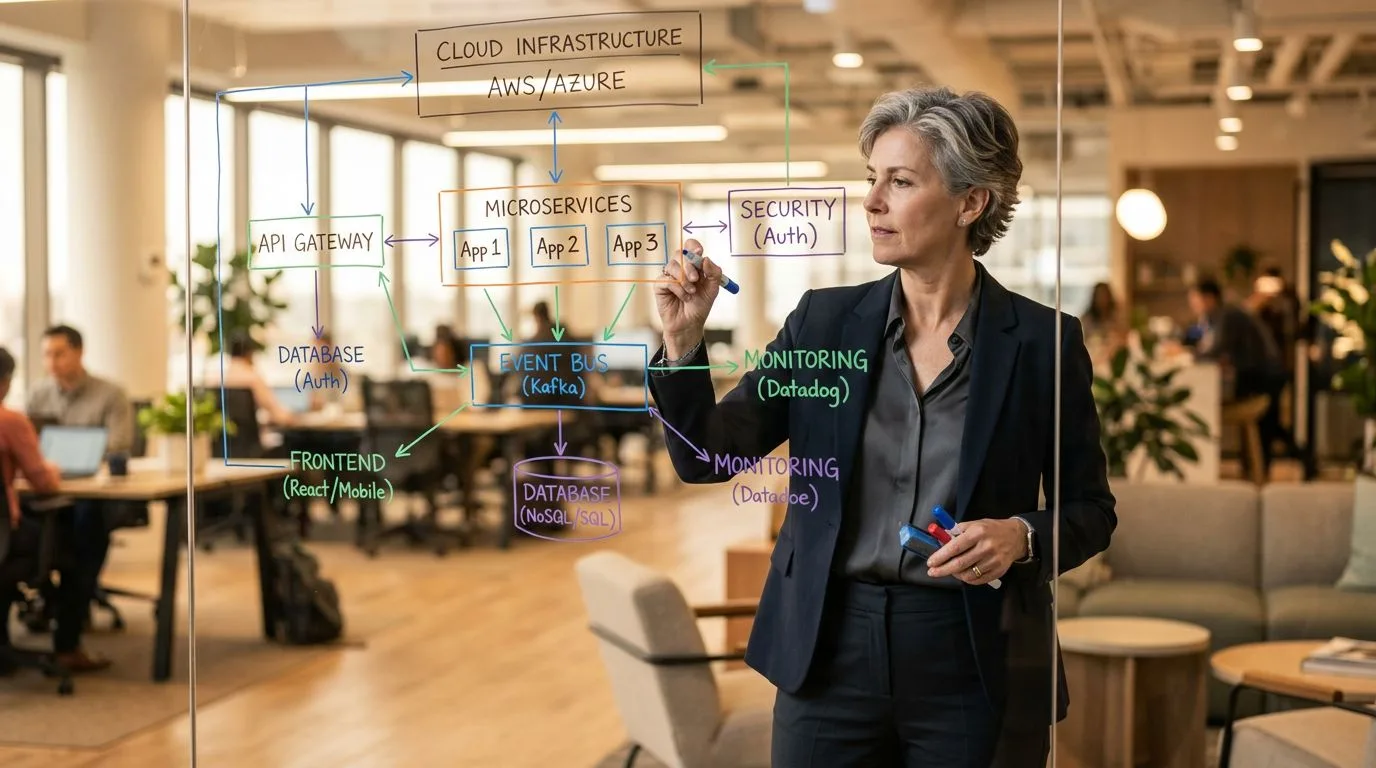 Senior technology executive drawing architecture diagram on whiteboard, fractional CTO strategy planning