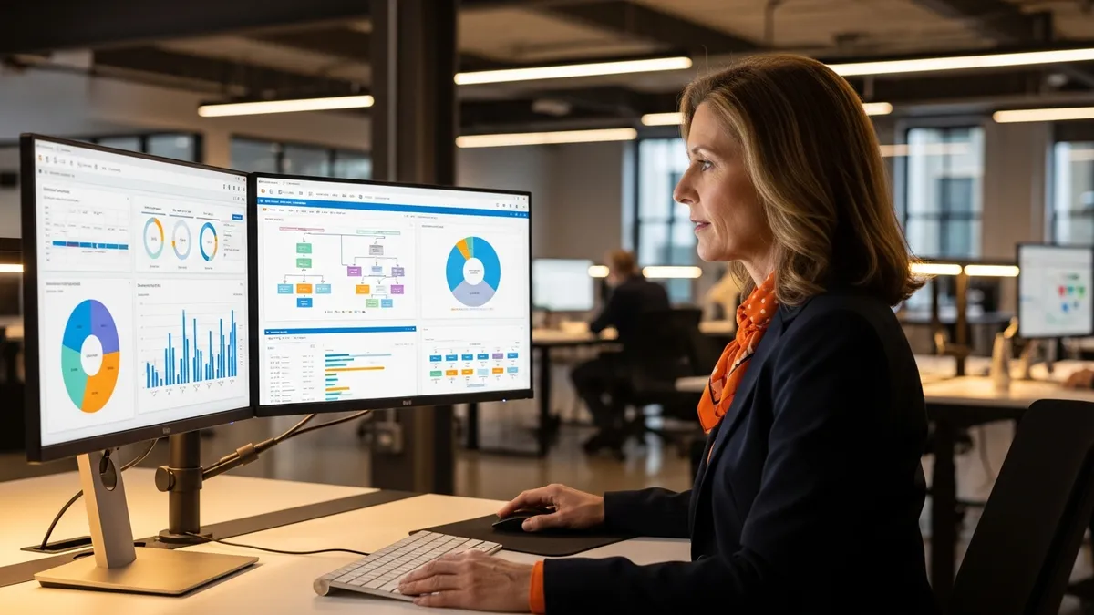 Talent acquisition specialist analyzing workforce planning analytics dashboards on dual monitors
