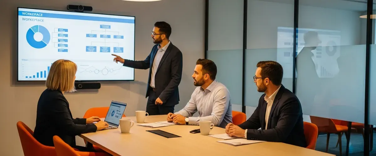 Executive leadership team reviewing workforce planning data and organizational charts in modern conference room