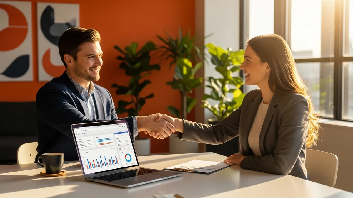 Hiring manager and staffing partner shaking hands after workforce planning meeting in tech office