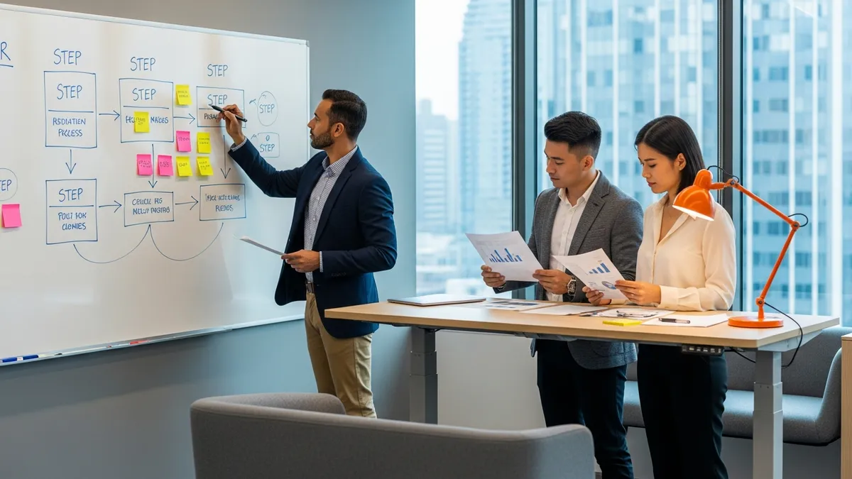 HR director mapping the five steps of workforce planning on a whiteboard during strategy session