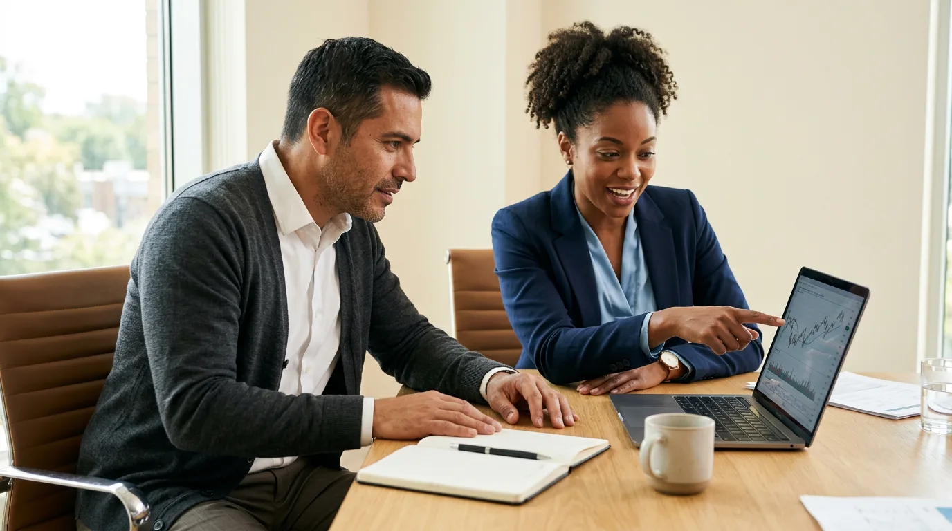 Finance colleagues reviewing month-end reports at a meeting table