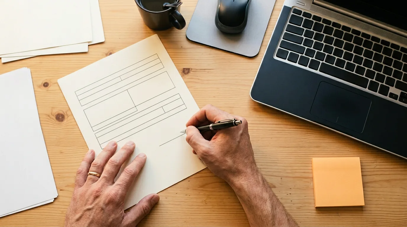 Close-up of hands reviewing and signing hiring documents next to a laptop