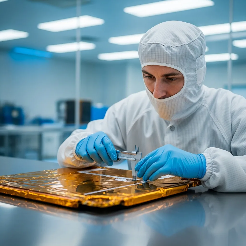Aerospace engineer in cleanroom gear inspecting a satellite component with precision tooling