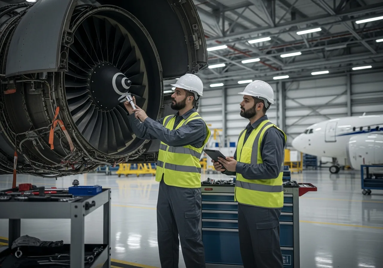 Two aerospace engineers inspecting a jet engine turbofan in a maintenance hangar