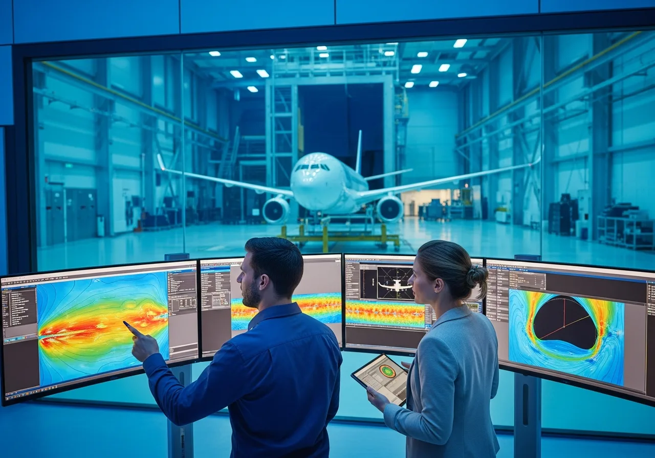 Aerospace engineers reviewing aerodynamic test data in a wind tunnel facility