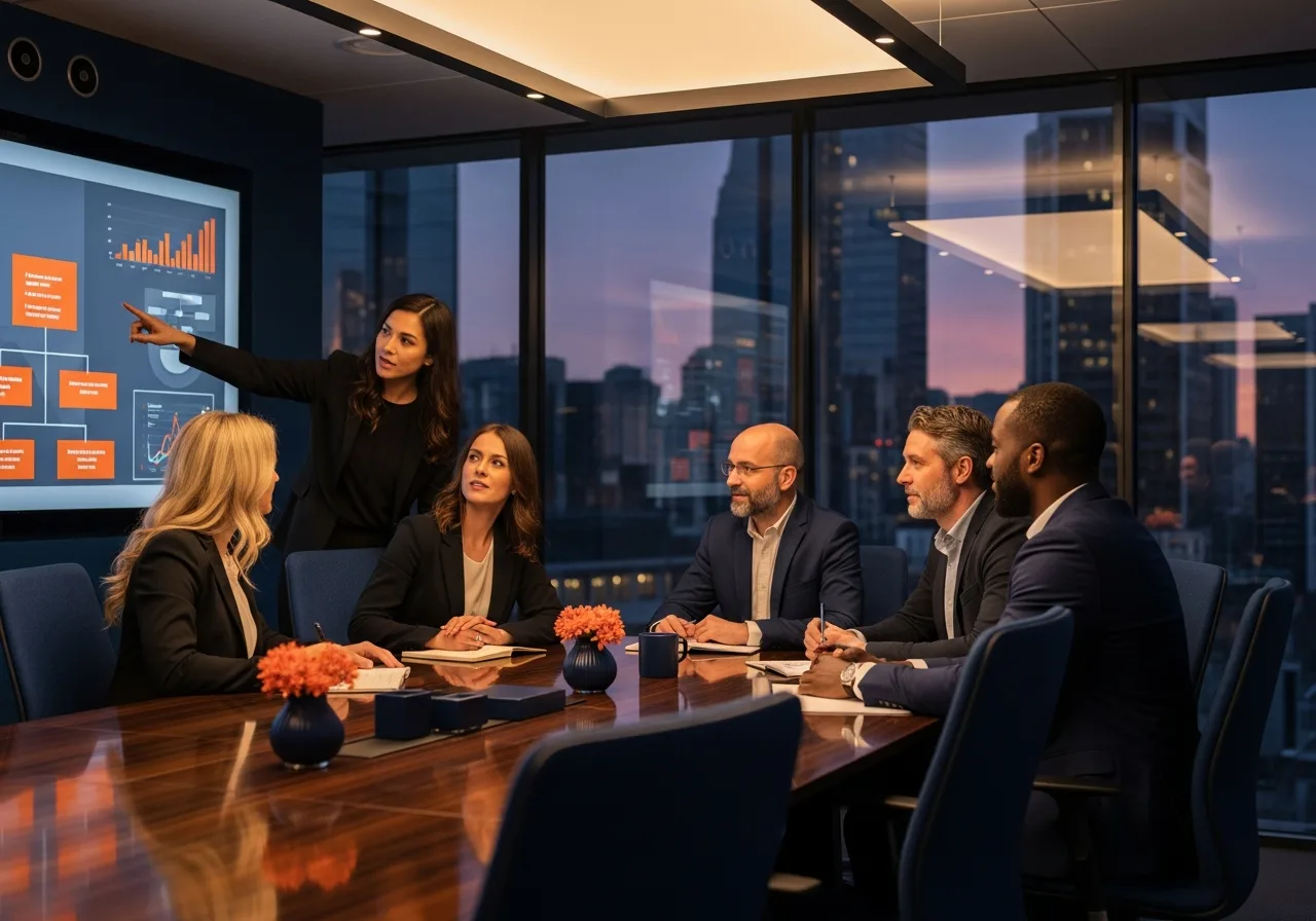 Aerospace program managers discussing workforce strategy in a modern boardroom