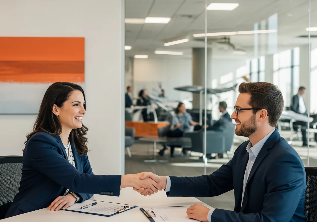Recruiter shaking hands with an aerospace engineer in a modern office