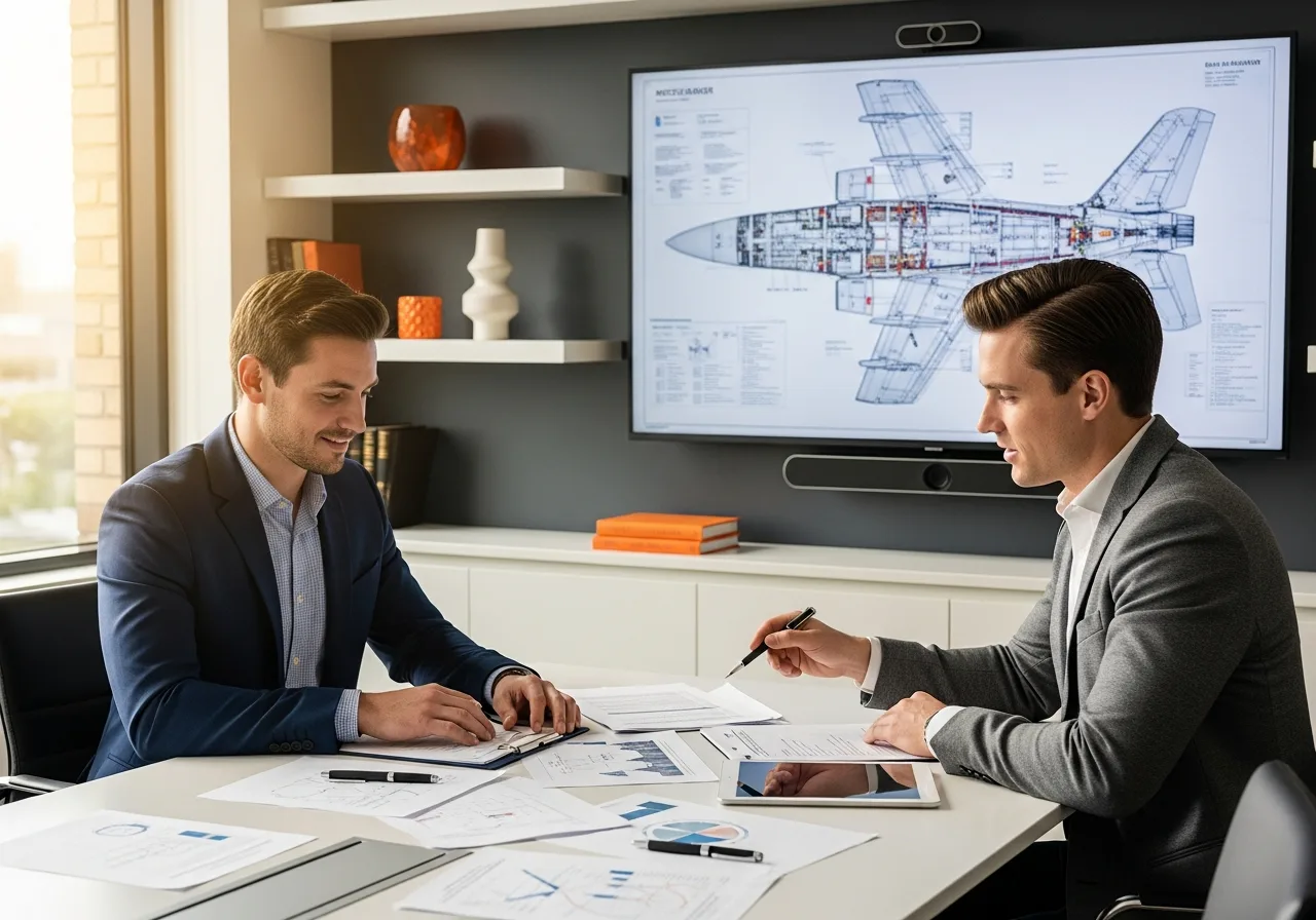 Recruiter reviewing aerospace engineering credentials with a candidate in a modern office