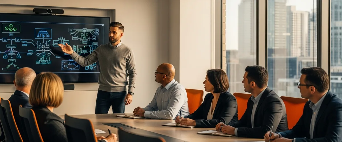 Engineering team lead presenting AI copilot and agent adoption roadmap to executive leadership in boardroom