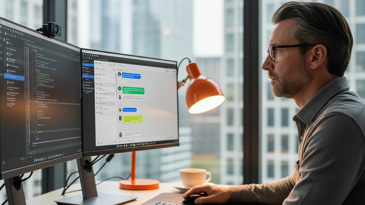 Senior software engineer at dual monitors using AI copilot chat assistant alongside code editor in modern 2026 tech office