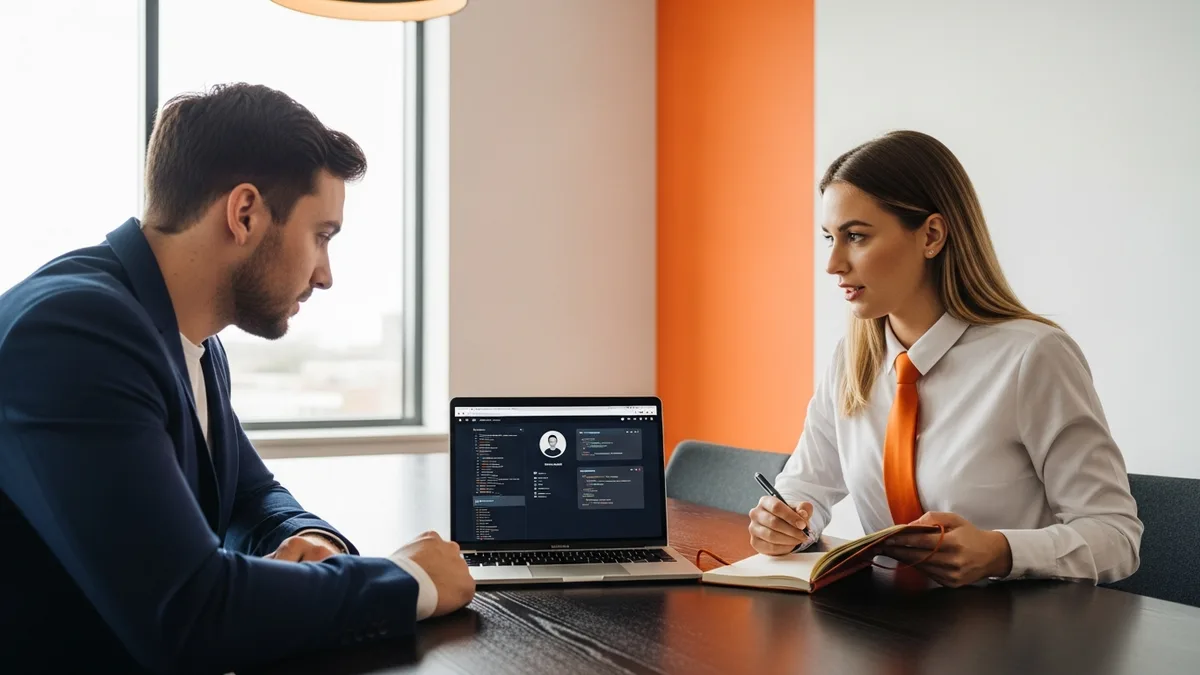 Recruiter and hiring manager screening an engineering candidate for AI copilot fluency during interview review