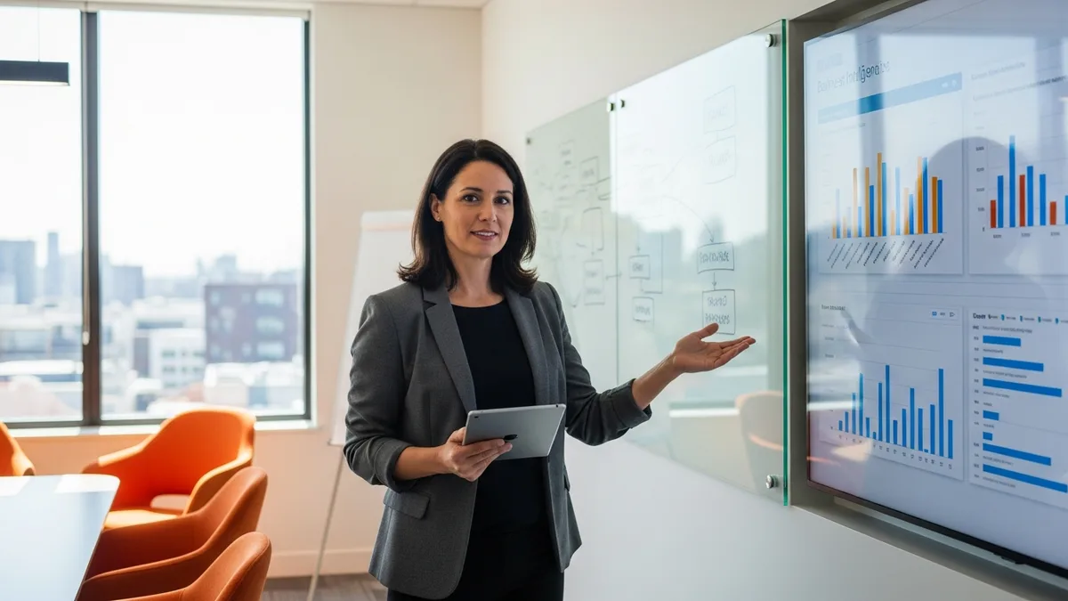 Engineering manager presenting AI copilot adoption metrics and developer productivity dashboard to leadership