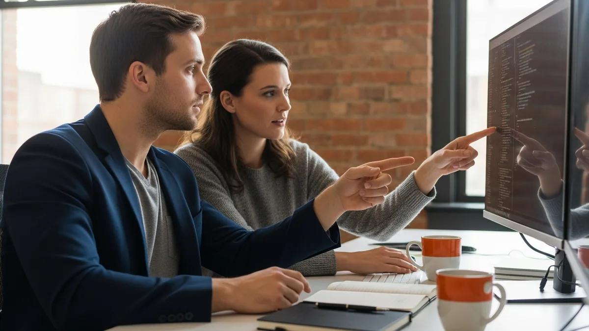 Two software engineers pair reviewing AI-generated code on a shared monitor in a collaborative engineering office